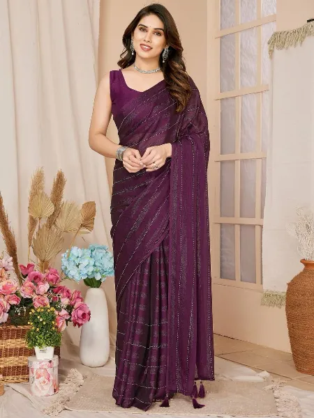 Wine Color Ready to Wear Saree in Rimzim Silk With Zari Work and Blouse