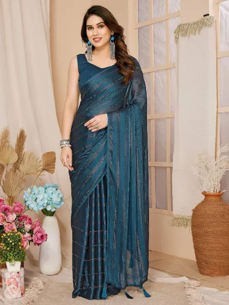 Blue Color Ready to Wear Saree in Rimzim Silk With Zari Work and Blouse