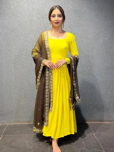 Haldi Yellow Gown in Georgette With Embroidery Dupatta Haldi Ceremony Gown