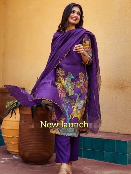 Purple Kalamkari Kurti Pent and Dupatta in Cotton With Print
