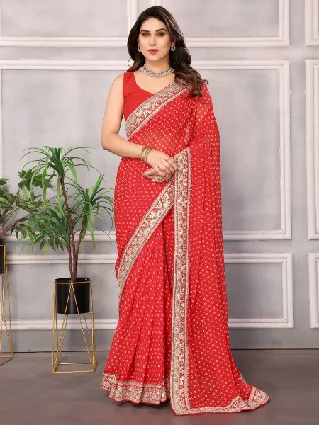 Red Color Bandhani Saree for Wedding Party in Georgette With Gota Patti Lace