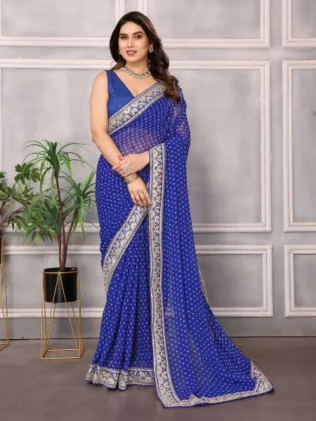 Royal Blue Color Bandhani Saree for Wedding Party in Georgette With Gota Patti Lace
