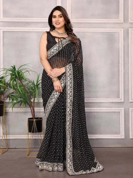 Black Color Bandhani Saree for Wedding Party in Georgette With Gota Patti Lace