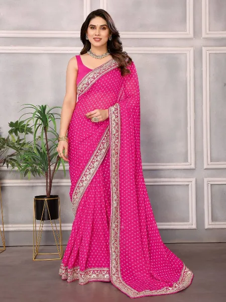 Pink Color Bandhani Saree for Wedding Party in Georgette With Gota Patti Lace