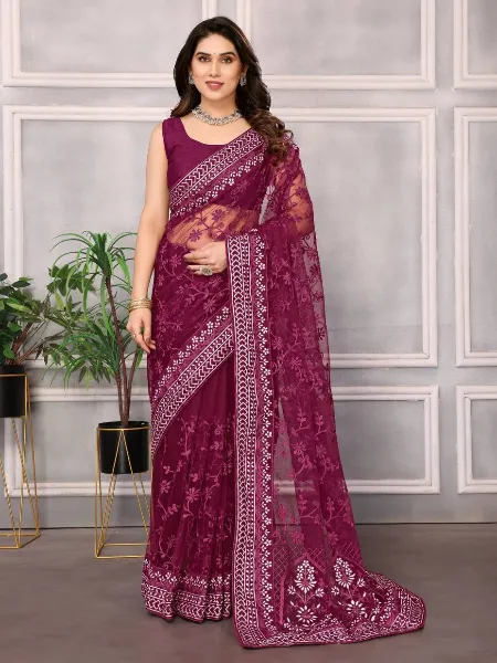Wine Color Saree in Soft Net With Heavy Embroidery Work Wedding Saree
