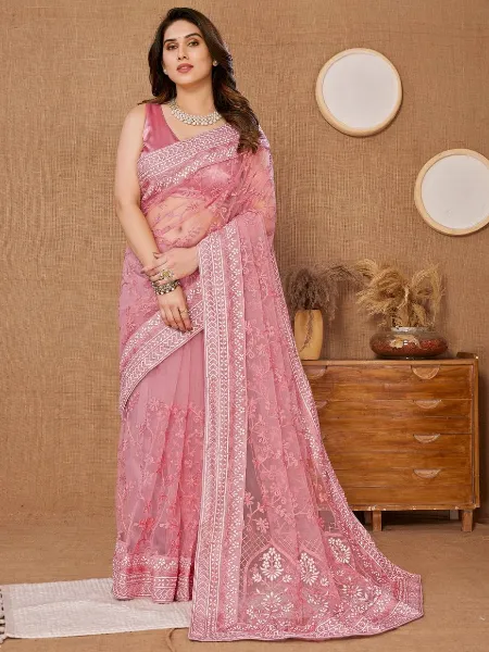 Peach Color Saree in Soft Net With Heavy Embroidery Work Wedding Saree