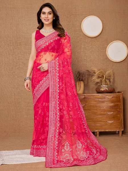 Red Color Saree in Soft Net With Heavy Embroidery Work Wedding Saree