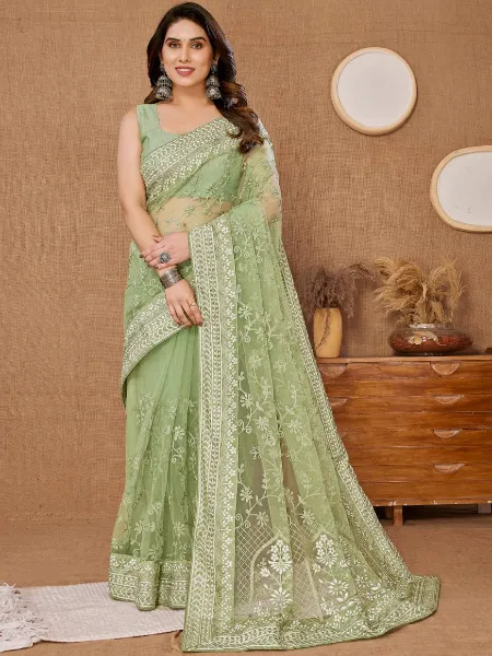 Pista Color Saree in Soft Net With Heavy Embroidery Work Wedding Saree