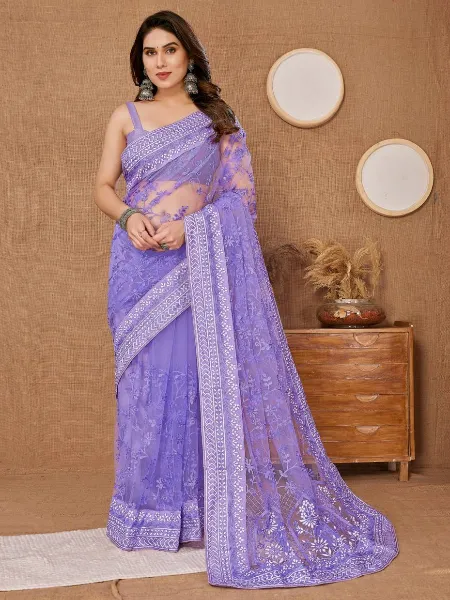 Lavender Color Saree in Soft Net With Heavy Embroidery Work Wedding Saree