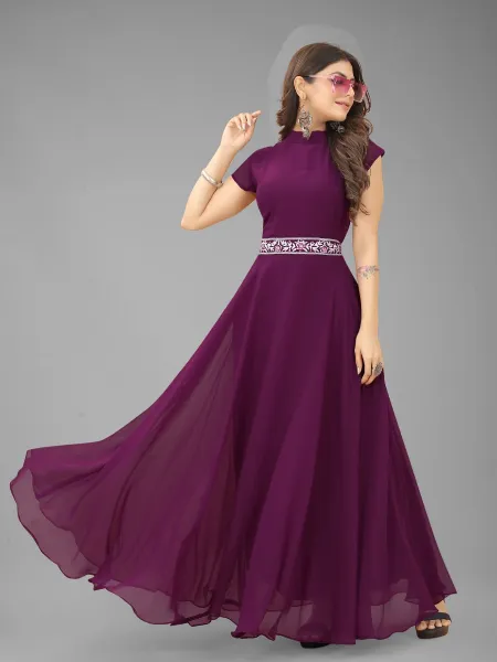 Purple Designer Party Wear Gown With Thread Embroidery Ready to Wear Gown