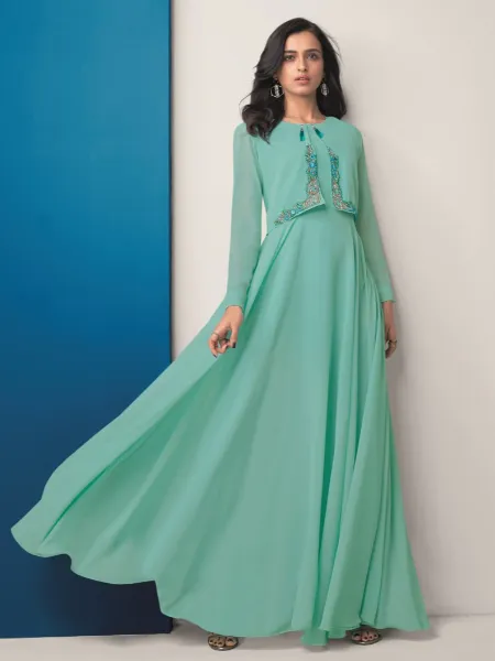 Sky Blue Designer Party Wear Gown With Thread Embroidery Ready to Wear Gown