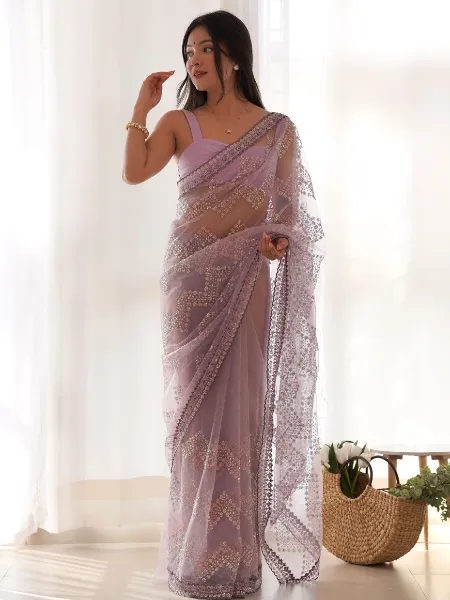 Lavender Color Saree in Butterfly Net With Thread and Sequence Embroidery Work