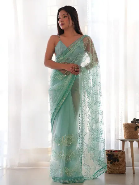 Sky Color Saree in Butterfly Net With Thread and Sequence Embroidery Work