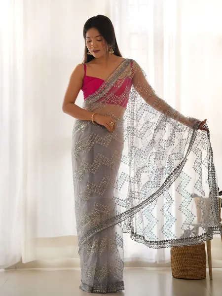 Grey Color Saree in Butterfly Net With Thread and Sequence Embroidery Work