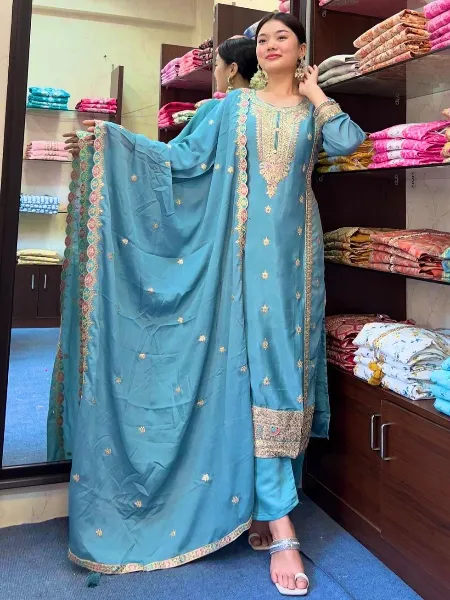 Light Blue Color Top Pant and Dupatta Set in Chinon With Sequence Embroidery