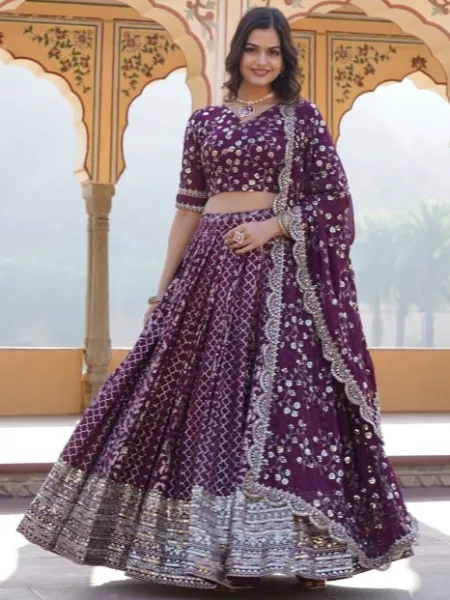 Indian Wedding Lehenga Choli in Wine Jacquard With Sequence and Embroidery