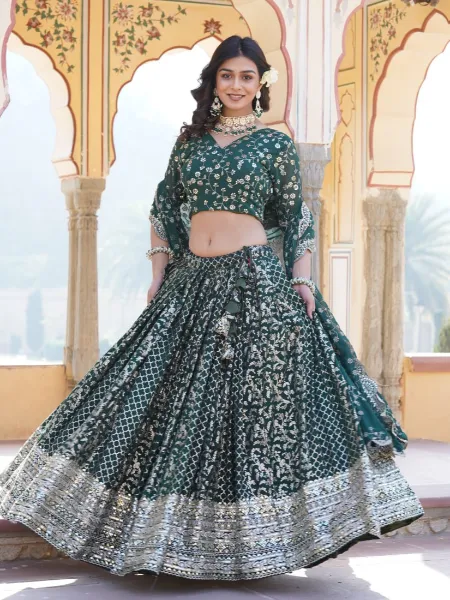 Indian Wedding Lehenga Choli in Green Jacquard With Sequence and Embroidery
