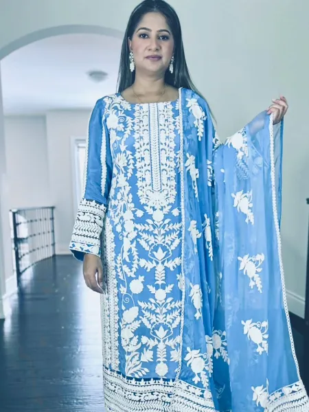 Sky Blue Kurta Pant and Dupatta Set With Embroidery in Georgette Indian Suit