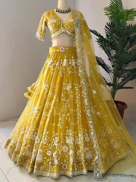 Yellow Color Wedding Lehenga Choli in Soft Net With Heavy Embroidery Bridal Lehenga