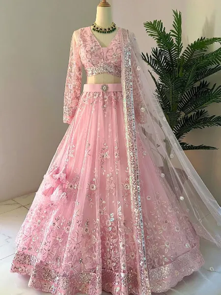 Light Pink Color Wedding Lehenga Choli in Soft Net With Heavy Embroidery Bridal Lehenga