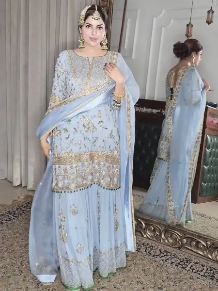 Sharara in Sky Blue Georgette With Embroidery Top and Sharara With Dupatta
