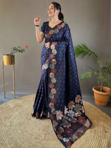 Navy Blue Soft Banarasi Silk Saree With Weaving Work and Blouse Indian Saree
