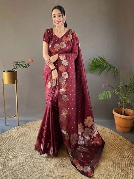 Maroon Soft Banarasi Silk Saree With Weaving Work and Blouse Indian Saree