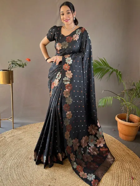 Black Soft Banarasi Silk Saree With Weaving Work and Blouse Indian Saree