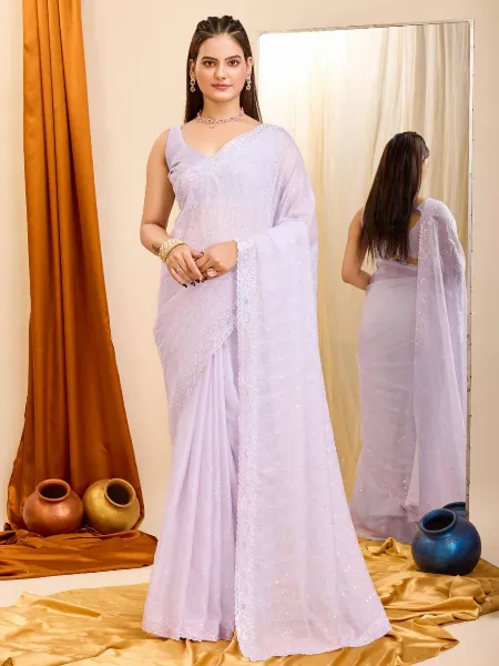 Lavender Color Saree in Taby Organza With Sequins Embroidery Indian Saree