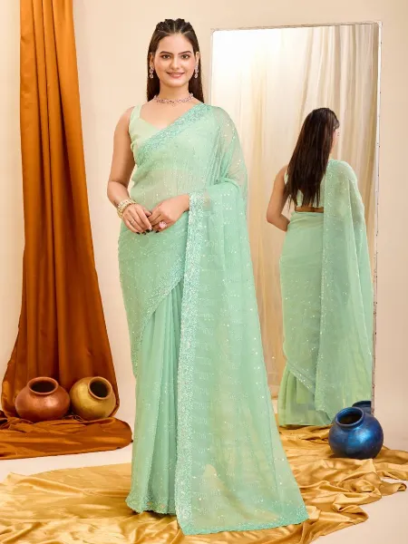 Pista Color Saree in Taby Organza With Sequins Embroidery Indian Saree