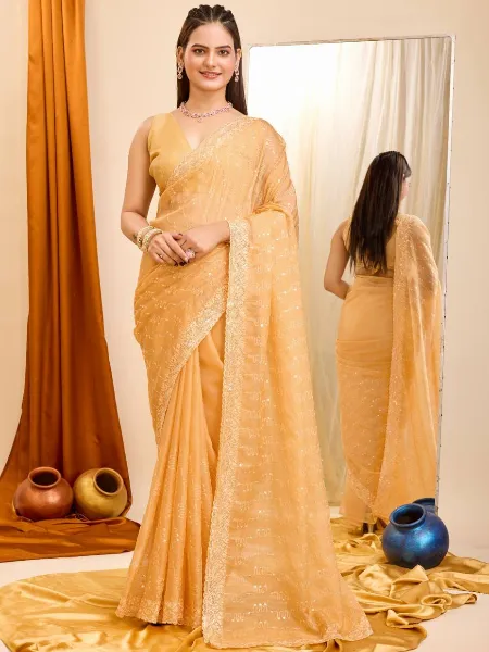 Orange Color Saree in Taby Organza With Sequins Embroidery Indian Saree