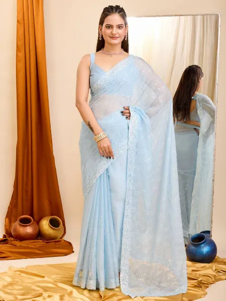 Sky Color Saree in Taby Organza With Sequins Embroidery Indian Saree