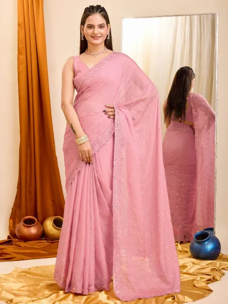 Pink Color Saree in Taby Organza With Sequins Embroidery Indian Saree