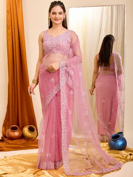 Light Pink Color Saree in Soft Net With Heavy Sequence Work Night Party Wear Saree