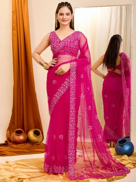 Pink Color Saree in Soft Net With Heavy Sequence Work Night Party Wear Saree
