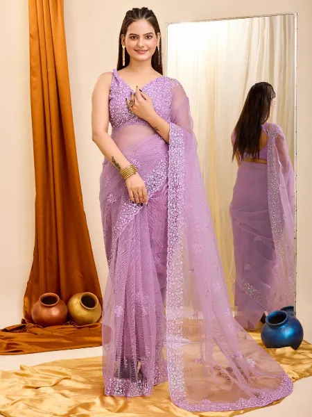Lavender Color Saree in Soft Net With Heavy Sequence Work Night Party Wear Saree