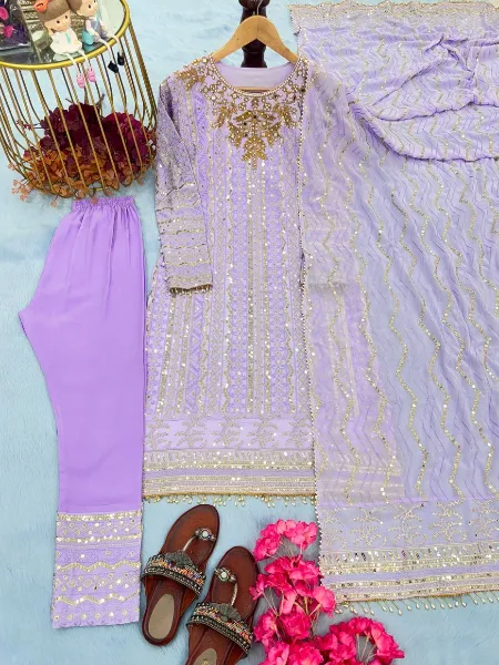 Lavender Color Top and Pant Set in Georgette With Embroidery and Real Mirror