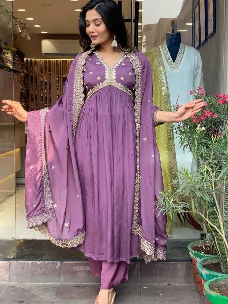Light Purple Color Alia Cut Gown in Chinon With Embroidery Work and Dupatta