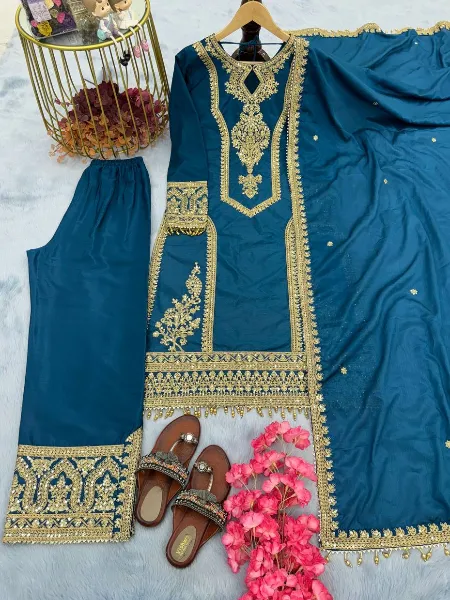 Rama Color Top and Palazzo Suit in Chinon With Heavy Embroidery Dupatta
