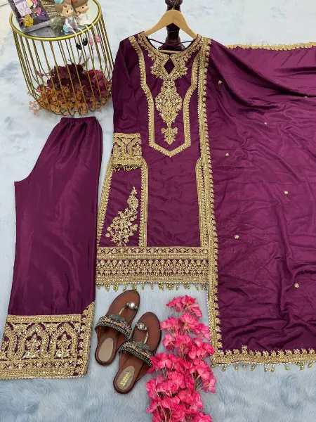 Wine Color Top and Palazzo Suit in Chinon With Heavy Embroidery Dupatta