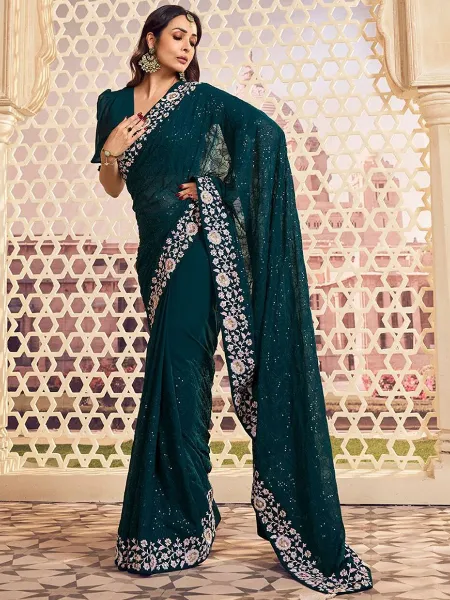 Malaika Arora Saree in Peacock Color Georgette With Embroidery Bollywood Saree