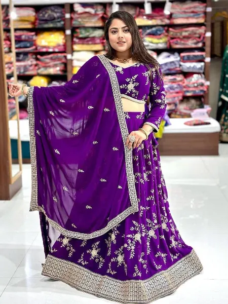 Purple Lehenga Choli With Readymade Blouse in Georgette Indian Wedding Lehenga