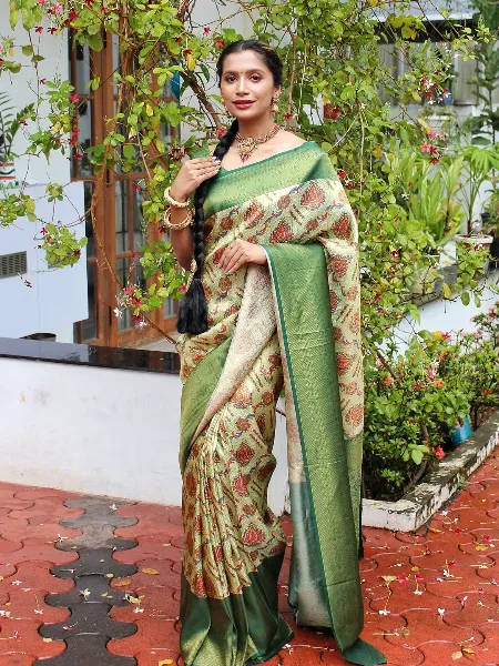 Green and Pista Kuber Pattu Silk Saree With Digital Print and Weaving Work