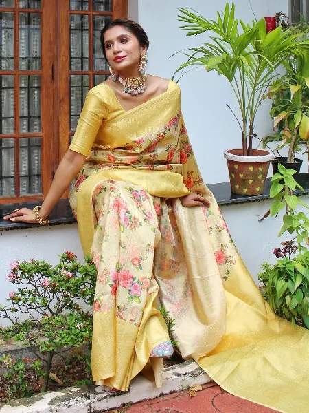 Yellow and Cream Kuber Pattu Silk Saree With Digital Print and Weaving Work