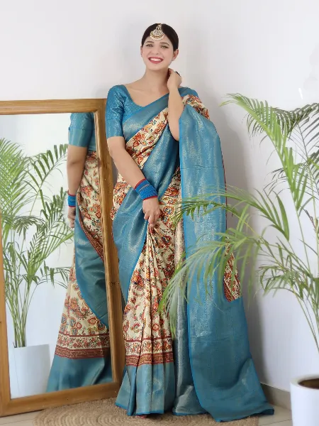 Blue and Cream Kuber Pattu Silk Saree With Digital Print and Weaving Work