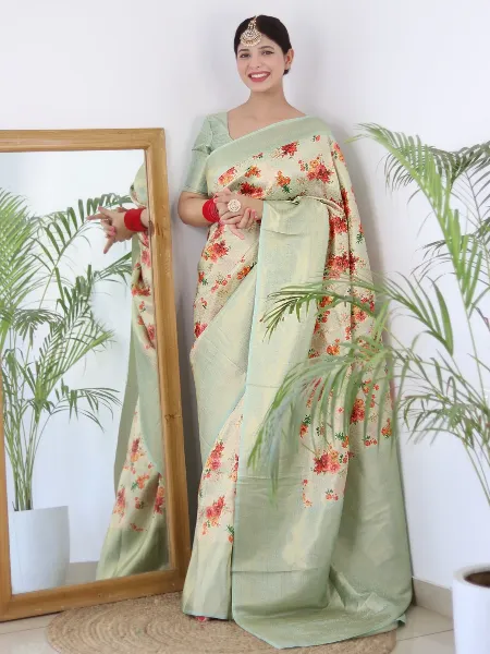 Pista and Cream Kuber Pattu Silk Saree With Digital Print and Weaving Work