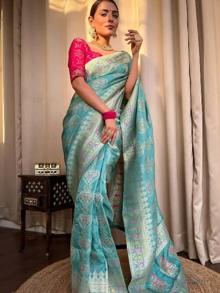 Sky Blue Pure Banarasi Silk Saree With Copper Zari Weaving and Brocade Blouse