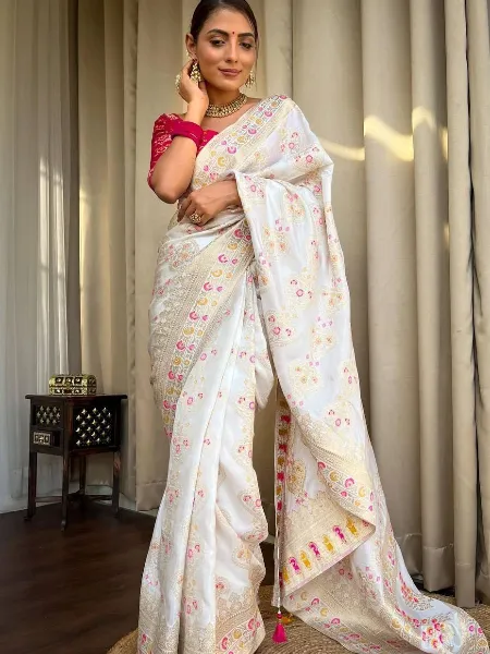 White Pure Banarasi Silk Saree With Copper Zari Weaving and Brocade Blouse