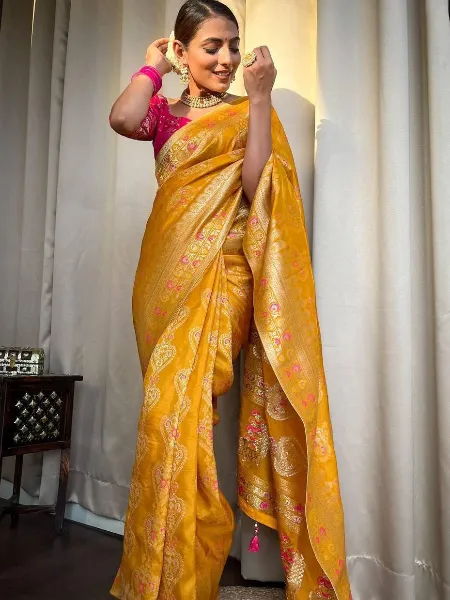 Yellow Pure Banarasi Silk Saree With Copper Zari Weaving and Brocade Blouse