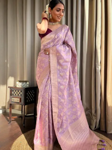 Pure Banarasi Silk Saree in Lavender With Copper Zari Weaving and Brocade Blouse